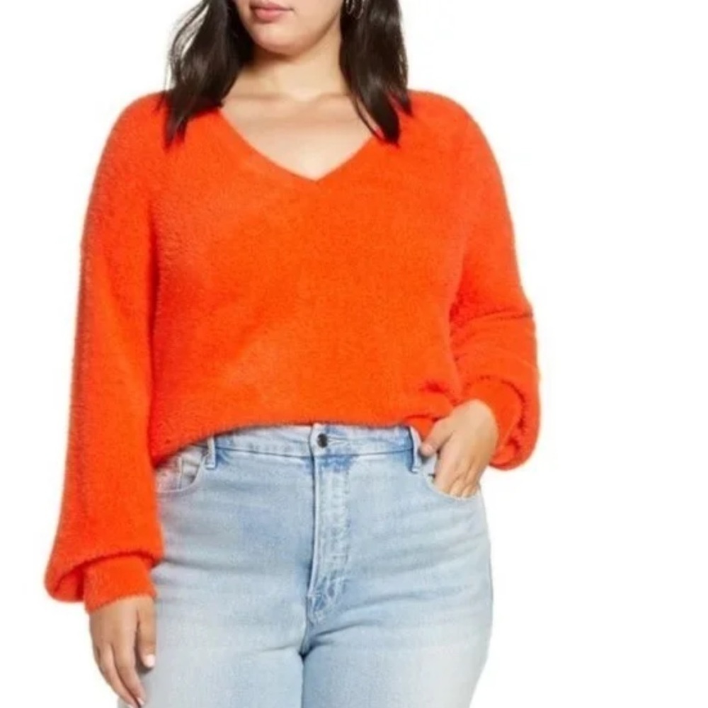 Halogen Bright Orange Fluffy V Neck Sweater Size M